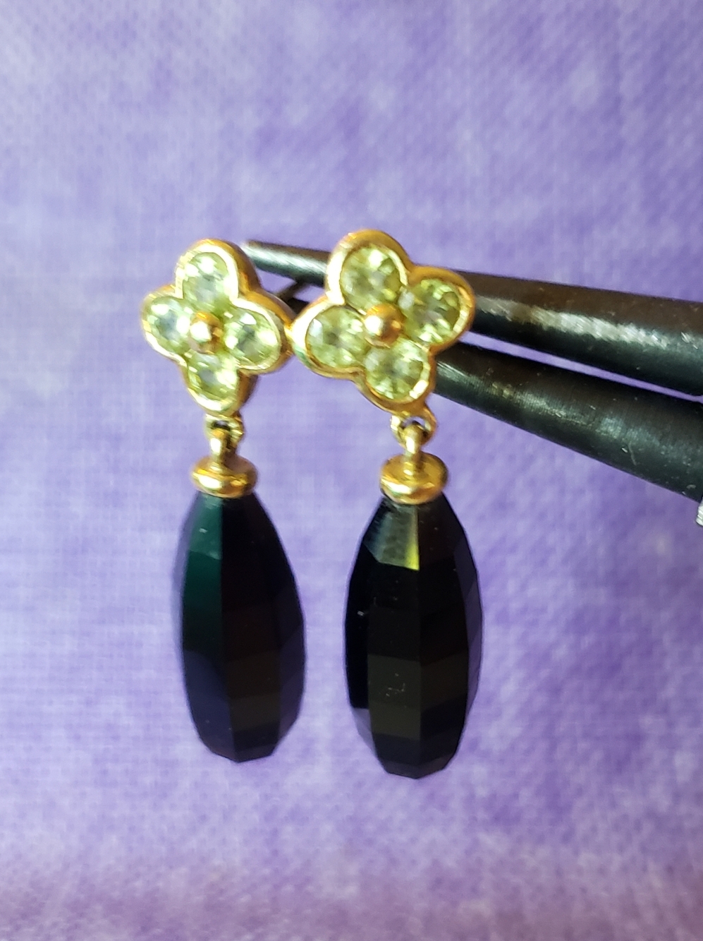 Vintage Onyx and Peridot Pierced Earrings, 14k Gold